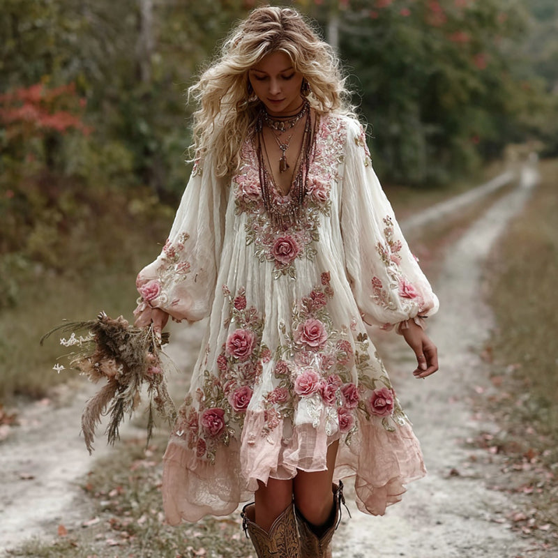 Women's Vintage Floral Embroidery Art Comfy Linen Maxi Dress elevenforest