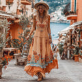 Women's Vintage Orange Rose Pattern Linen Sleeveless Dress elevenforest