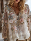 Bohemian Three-dimensional Pink Floral Sequin Fairy White Thin Long-sleeved V-neck Top elevenforest