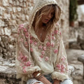 Women's Pink Floral Embroidery Art V-neck Linen Blend Hoodie elevenforest
