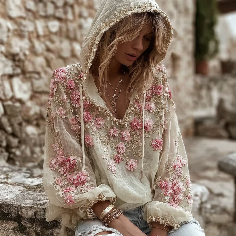 Women's Pink Floral Embroidery Art V-neck Linen Blend Hoodie elevenforest