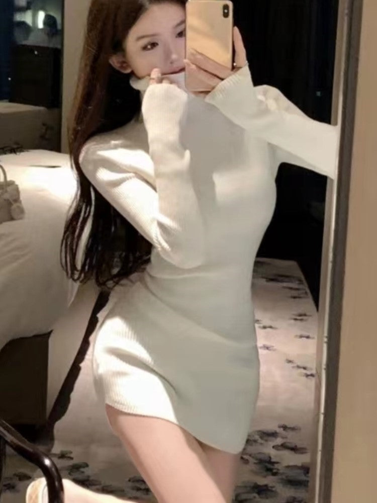 Korean Style Knitted Dress Long Sleeve Turtleneck Autumn Simple Mini Dresser Y2k Wrap Hip Vestidos New