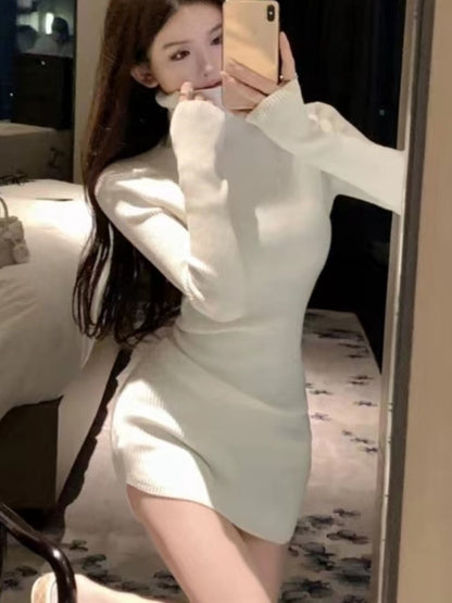 Korean Style Knitted Dress Long Sleeve Turtleneck Autumn Simple Mini Dresser Y2k Wrap Hip Vestidos New