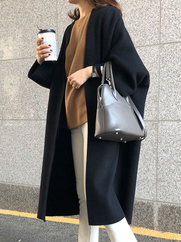 Long Sleeves Loose Color Collarless Woolen Coat