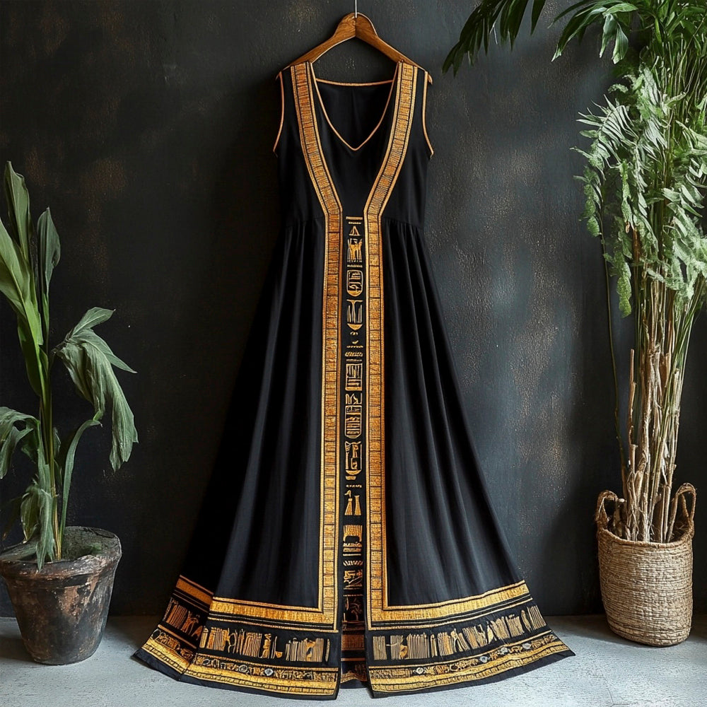 Vintage Egyptian Totem Print Women's Linen Vest Maxi Dress elevenforest