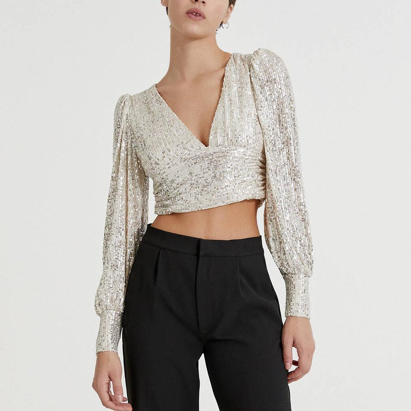 Clothing Party Puff Sleeve Sequined Blouse Long Sleeve Top