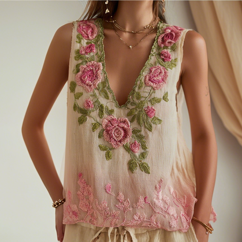 Women's Vintage Floral Embroidery Casual Sleeveless Top elevenforest
