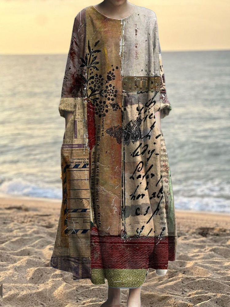 Vintage Japanese Patchwork Pattern Women's Linen Maxi Dress elevenforest