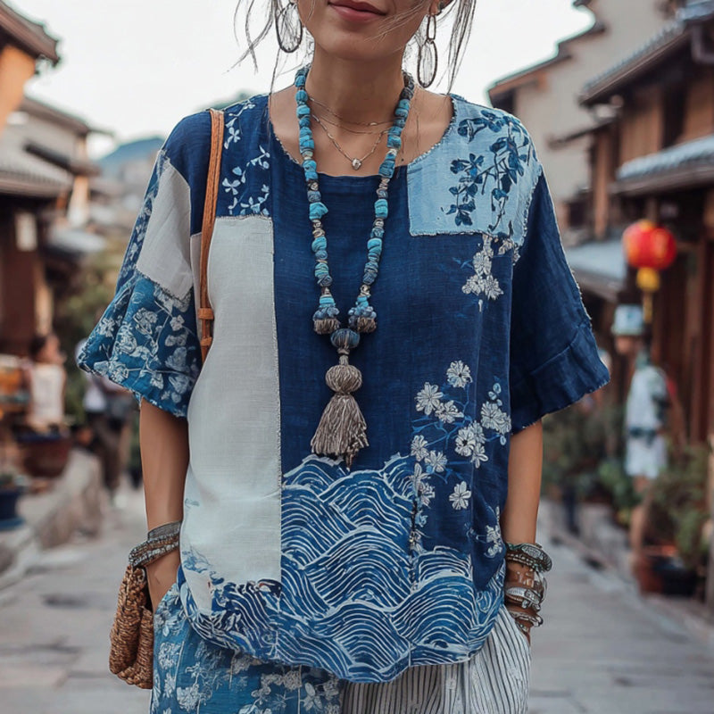 Women's Japanese Traditional Sashiko And Wave Patchwork Art Linen Short-sleeved Top elevenforest