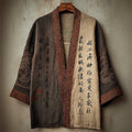 Japanese Dragons Calligraphy Art Contrast Linen Kimono elevenforest