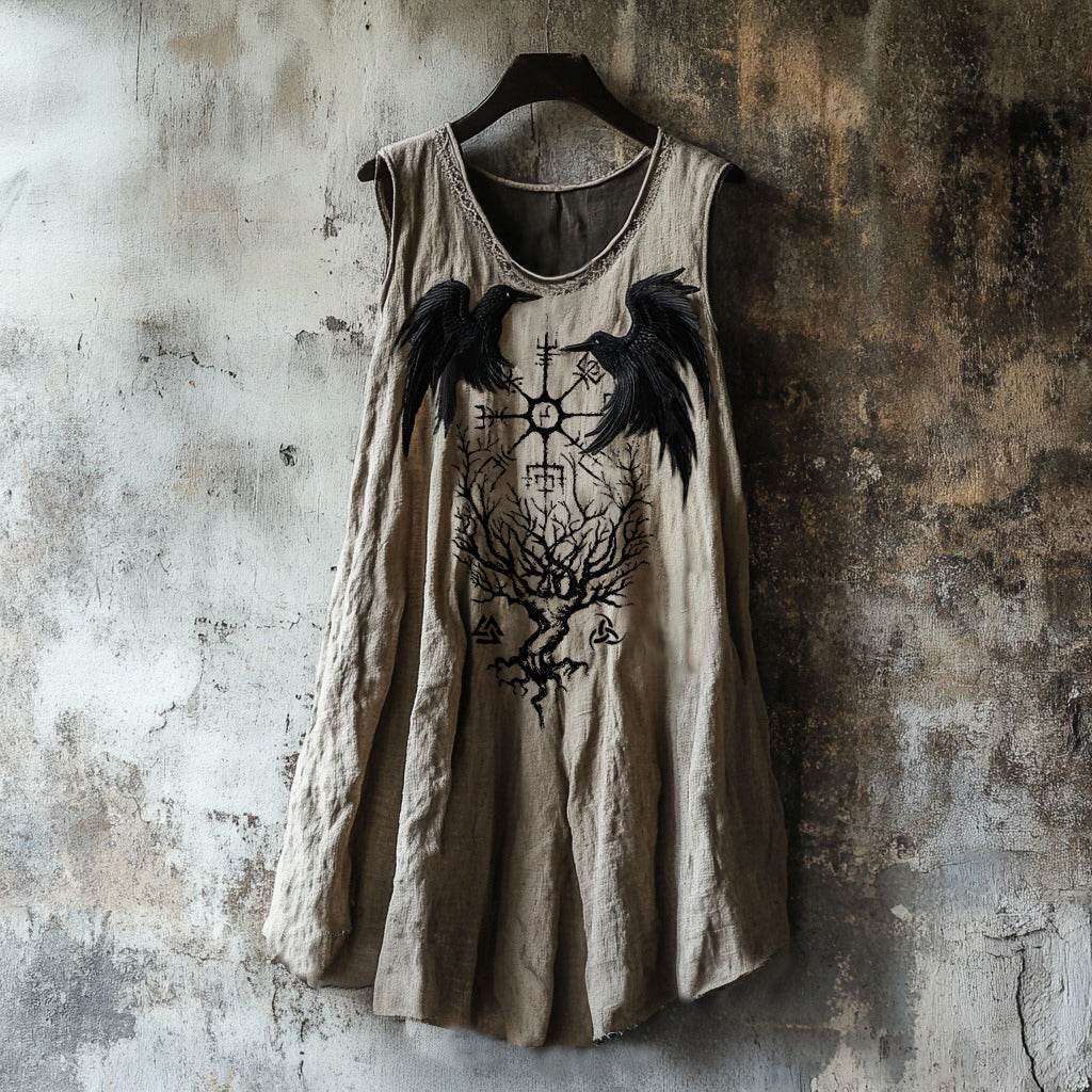 Tribal Raven And Life Of Tree Viking Runes Art Linen Blend Tank Top elevenforest
