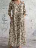 Women's V-Neck Elegant Vintage Floral Cotton Dress with Pockets