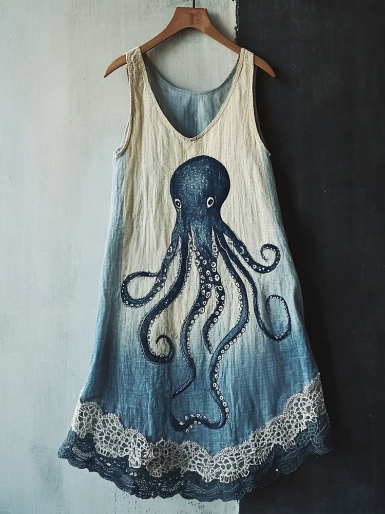 Octopus Pattern Lace Patchwork Linen Blend Dress elevenforest