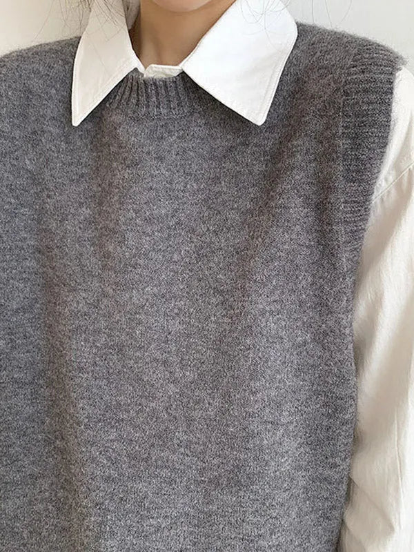 High-low Loose Color Split-joint Split-side Round-neck Knitwear Vest Top