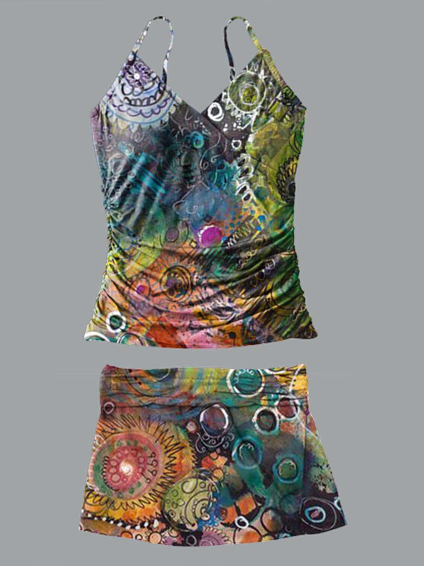 V-Neck Retro Color Abstract Gradient Art Print Suspender Skirt Tankini Pantskirt Set Swimsuit