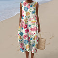 Vintage Loose Floral Art Linen Casual Tank Dress elevenforest