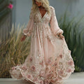 Women's Vintage Pink Rose Embroidered Art V-neck Midi Dress elevenforest
