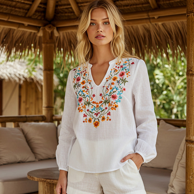 Retro Bohemian Floral Embroidery Art Graphics Cotton And Linen Blend Loose Blouse elevenforest