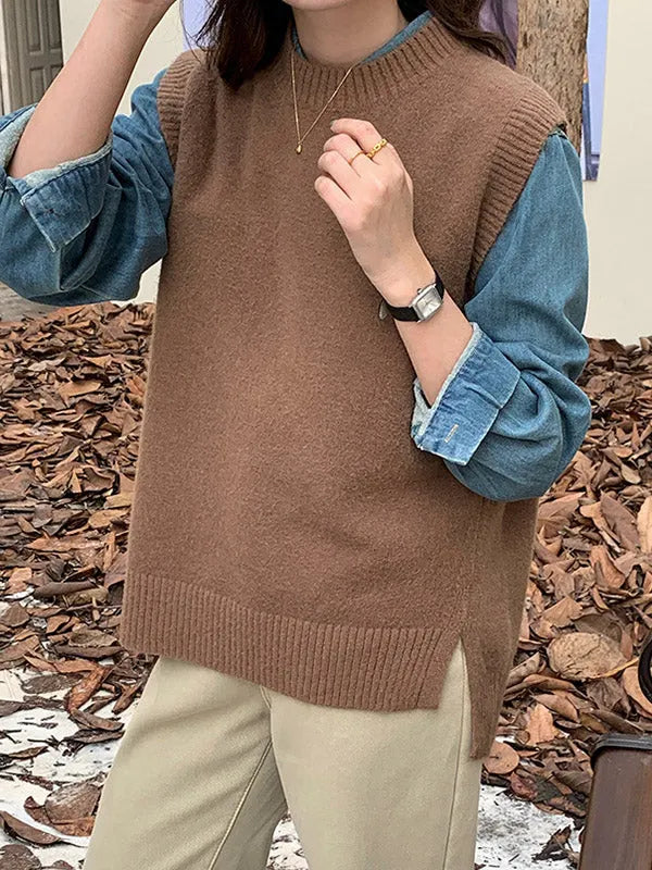 High-low Loose Color Split-joint Split-side Round-neck Knitwear Vest Top