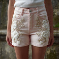 Vintage White Roses Embroidered Pink Denim Shorts elevenforest