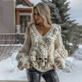 Vintage Celtic White Rose Skull Cozy Knit V-neck Sweater elevenforest