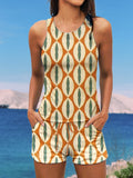 Retro Pattern Print Halter Ruffle Ruched Jacquard Tankini Short Set