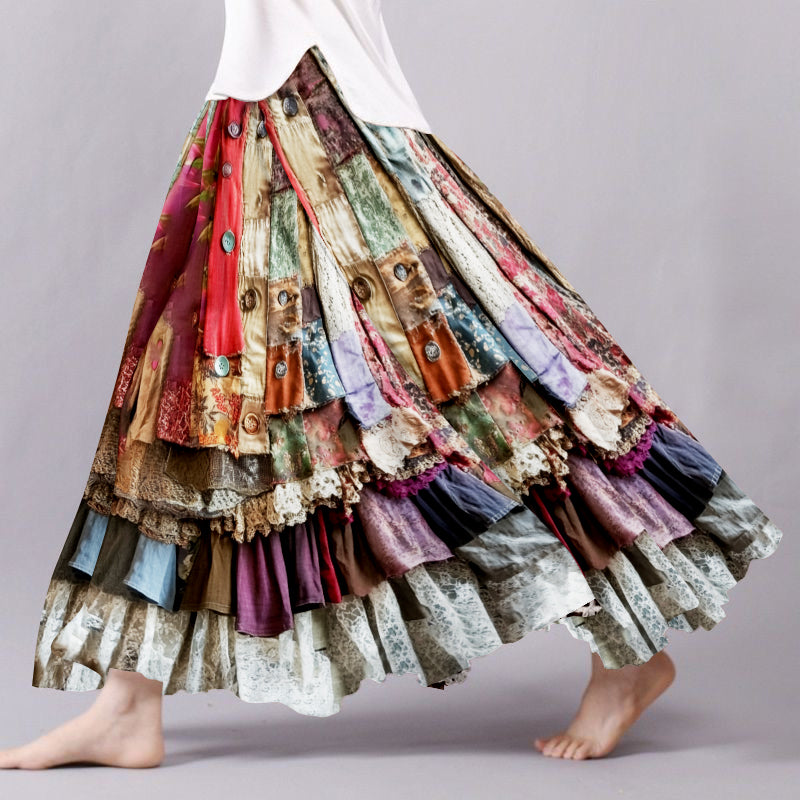 Boho Colorful Patchwork Textile Flowy Linen And Lace Blend Wide Skirt elevenforest