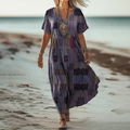 Women's Floral Patchwork Art Linen Blend Dress elevenforest