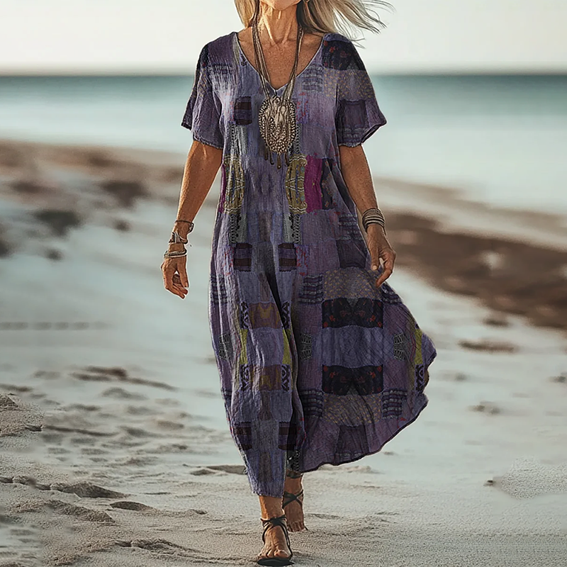 Women's Floral Patchwork Art Linen Blend Dress elevenforest