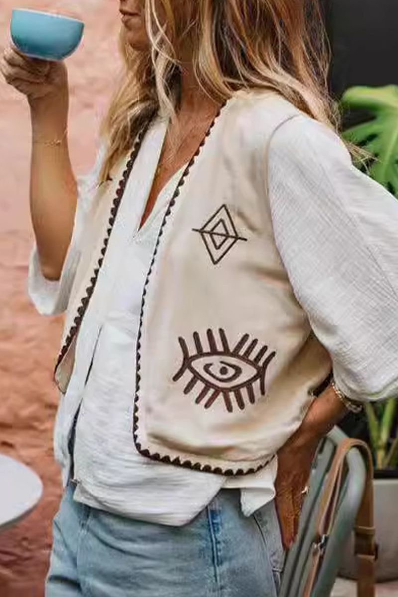 Colorblock Patchwork Embroidery Cardigan Collar Tops