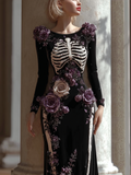 Halloween Theme Lady Round Neck Fitted Velvet Long Dress elevenforest
