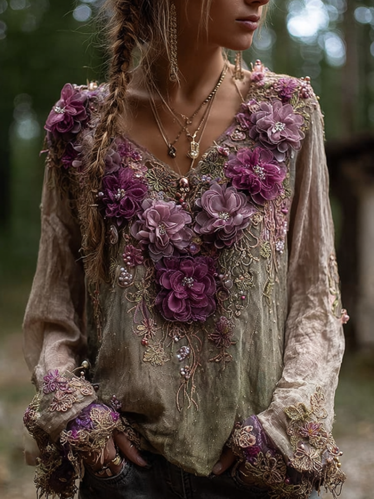 Bohemian Style Round Neck Long Sleeve 3d Purple Flower Design Cotton And Linen Top For Women elevenforest