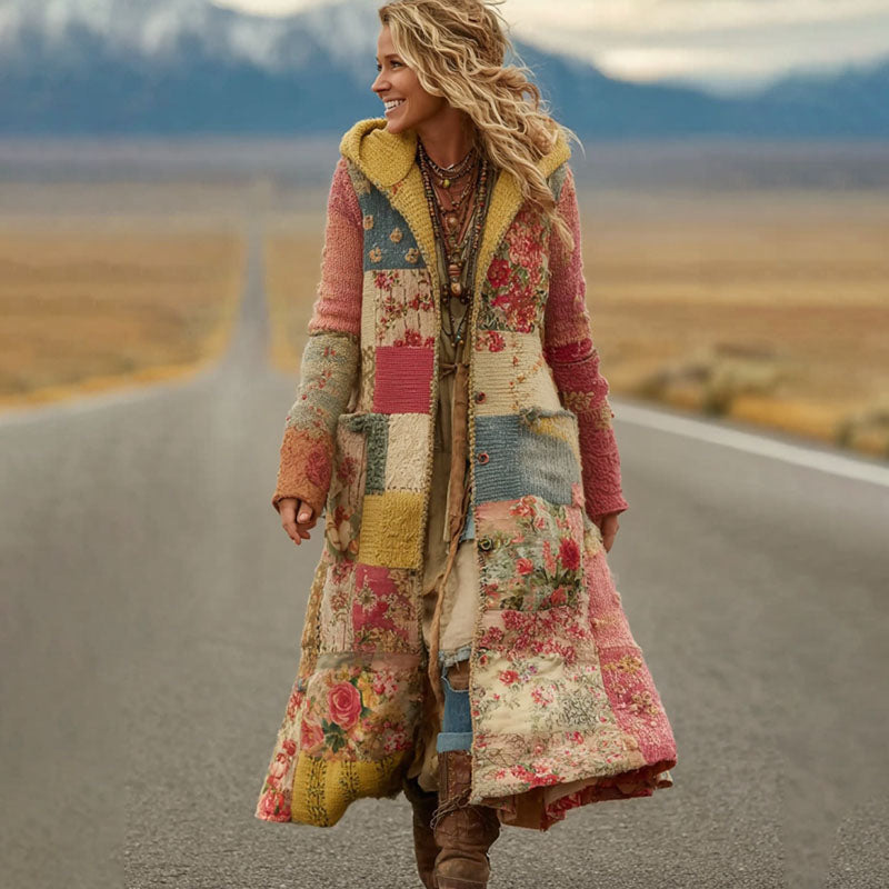 Women's Vintage Patchwork Floral Art Cozy Knit Hooded Long Cardigan elevenforest