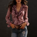 Comstylish Leopard-print Chiffon Lace V-neck Long-sleeved Blouse
