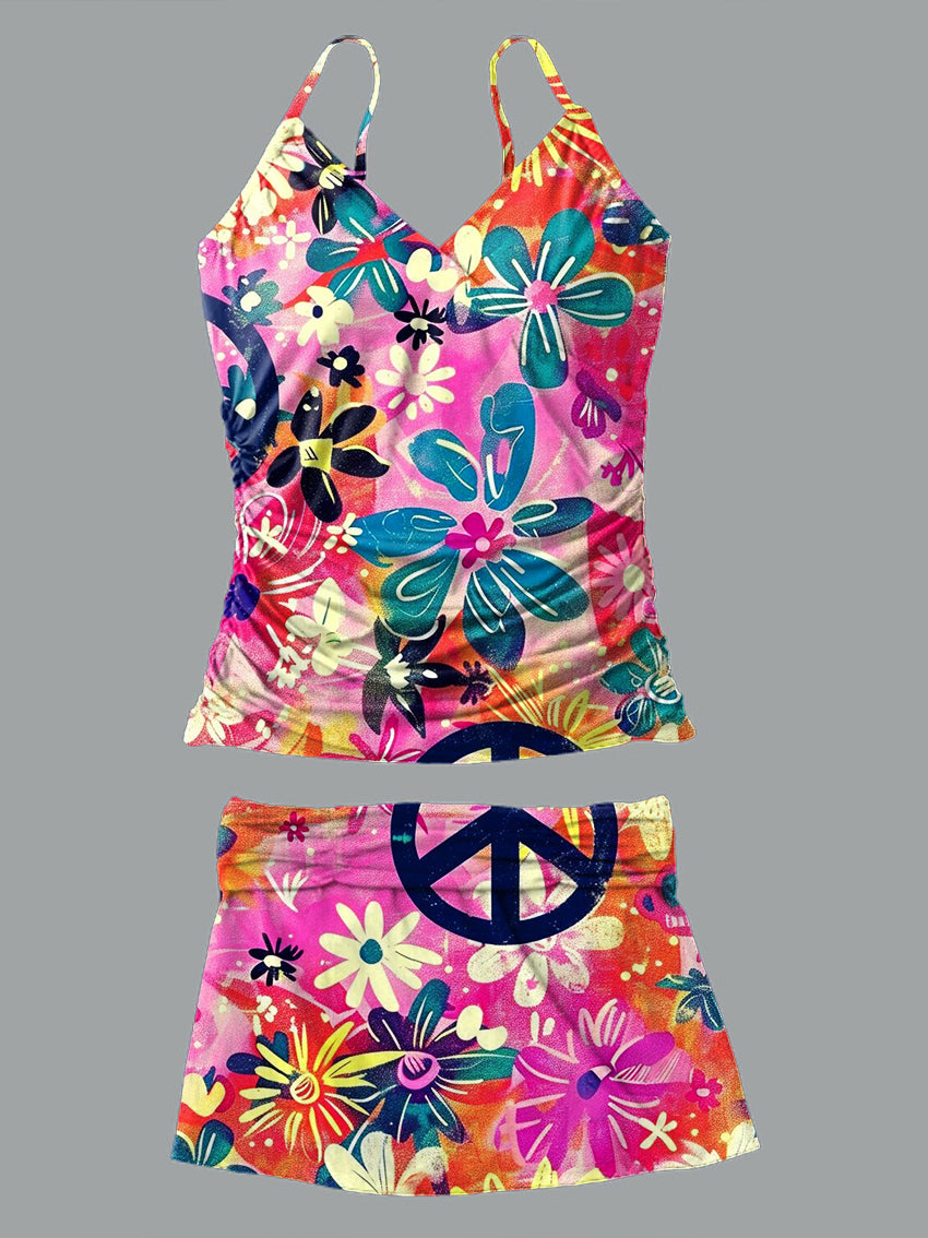 V-Neck Vintage Multicolor Hippie Peace Floral Art Print Suspender Skirt Tankini Pantskirt Set Swimsuit