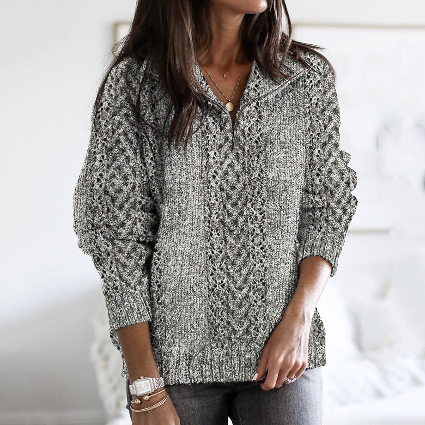 Women's Thick Knit Design Pattern Half Zip Neck Sweater elevenforest
