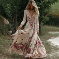 Women's Vintage Flowers Embroidery Art V-neck Long Sleeves Maxi Dress elevenforest