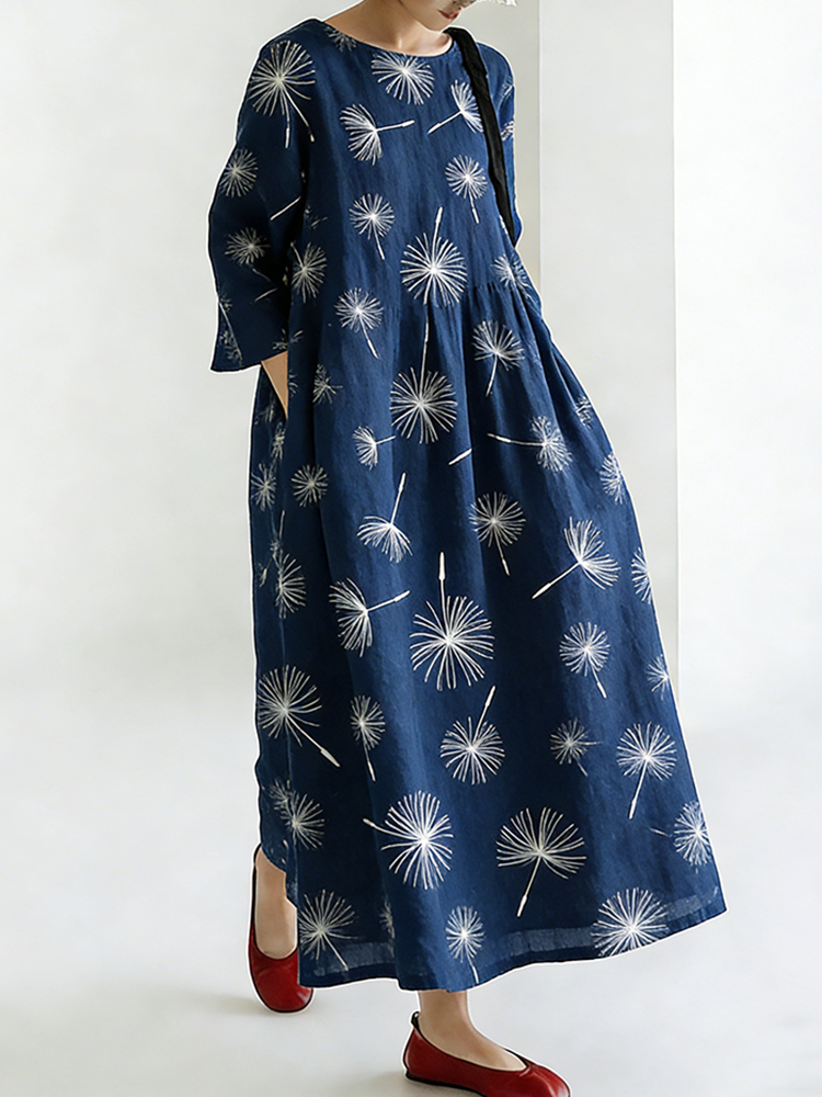 Comstylish Japanese Art Retro Style Dandelion Print Women's Dress