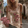 Vintage Pink Rose Embroidery Linen Comfy Tank Top elevenforest