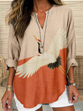 Comstylish Vintage Flying Crane Japanese Art Linen Tunic