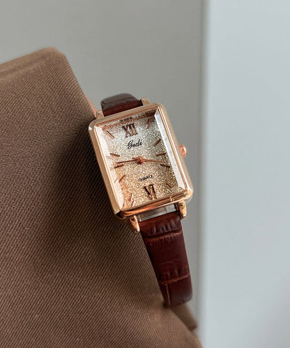 Brown Leather Zircon Square Watches