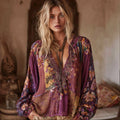 Women's Purple Patchwork Floral Vintage V-neck Top elevenforest