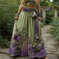 Floral Embroidered Art Print Loose Linen Blend Pants elevenforest