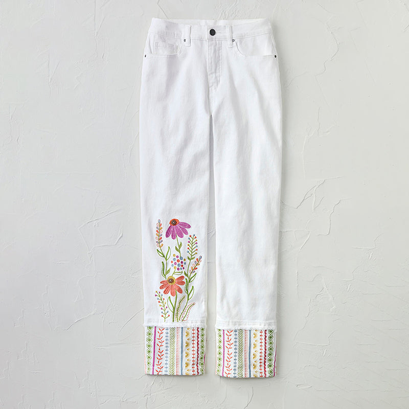 Retro Colorful Flowers Embroidered Art Inspiration Design Jeans elevenforest