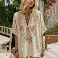 Women's Vintage Rose Floral Art V Neck Linen Comfy T-shirt elevenforest
