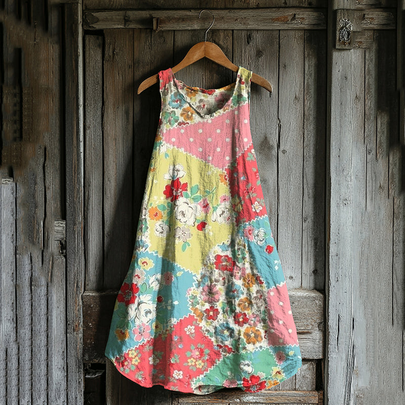 Vintage Floral Geometric Art Linen Blend Tank Dress elevenforest