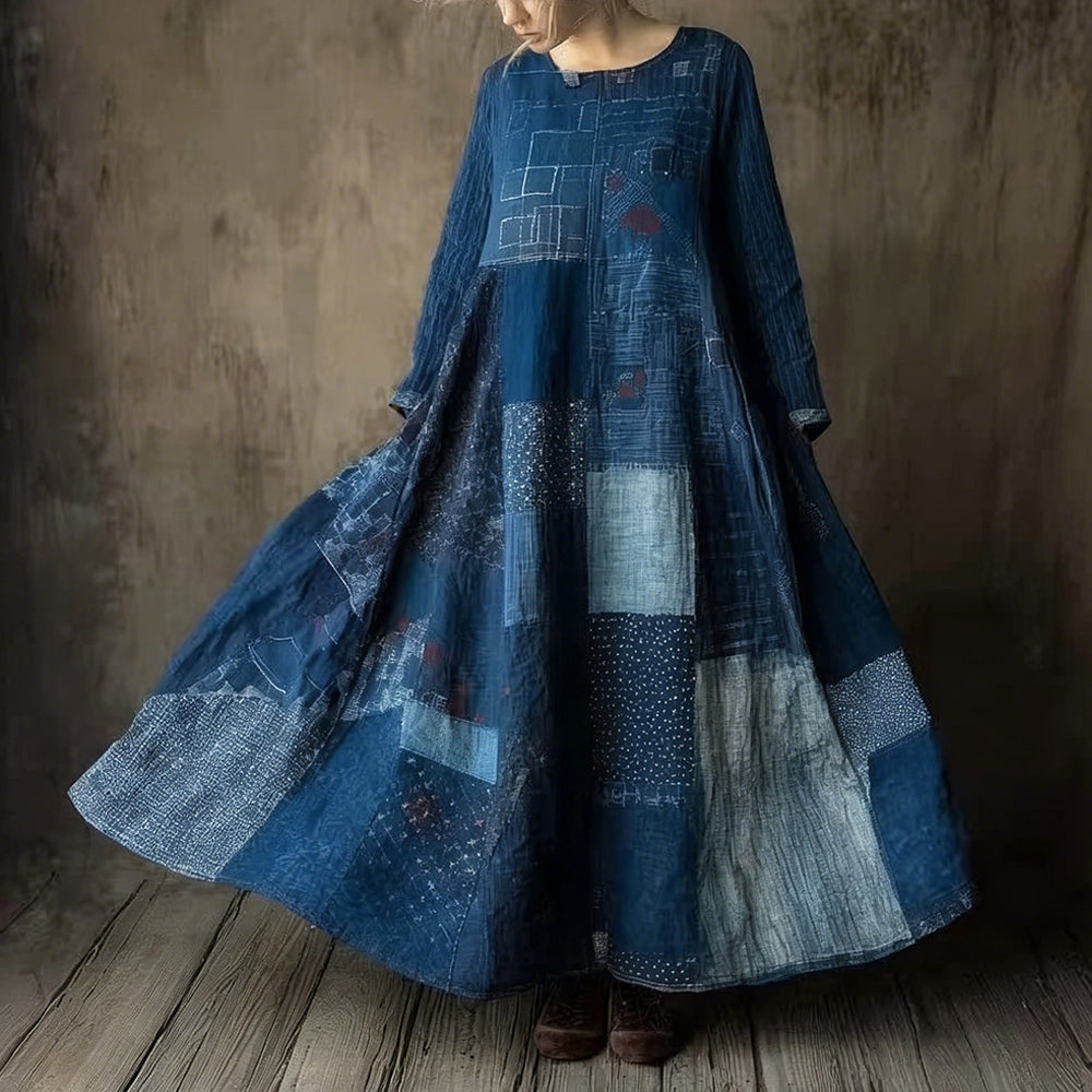 Comstylish Vintage Japanese Sashiko Patchwork Flowy Maxi Dress