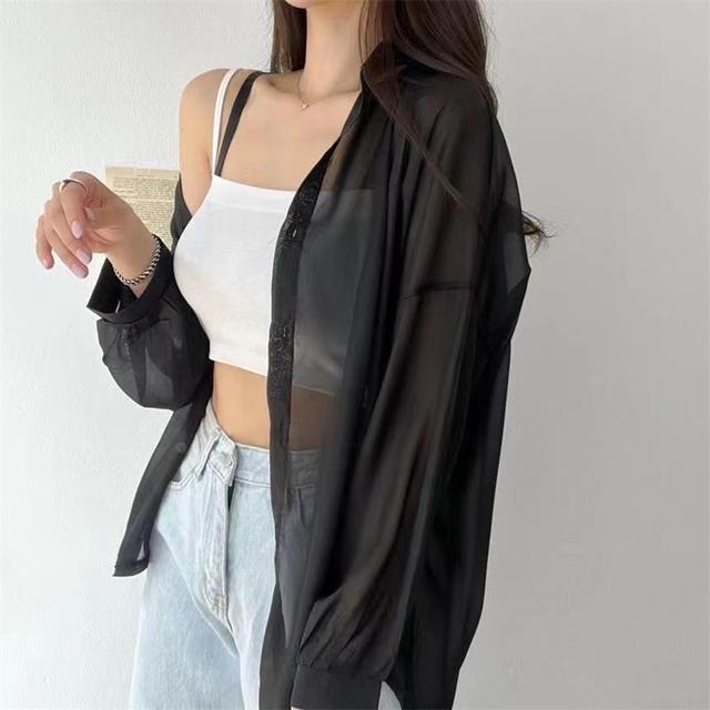 Perspective Shirts Sheer Thin Summer Simple Sun-proof Top Blouse Baggy All-match Basic Korean Clothing