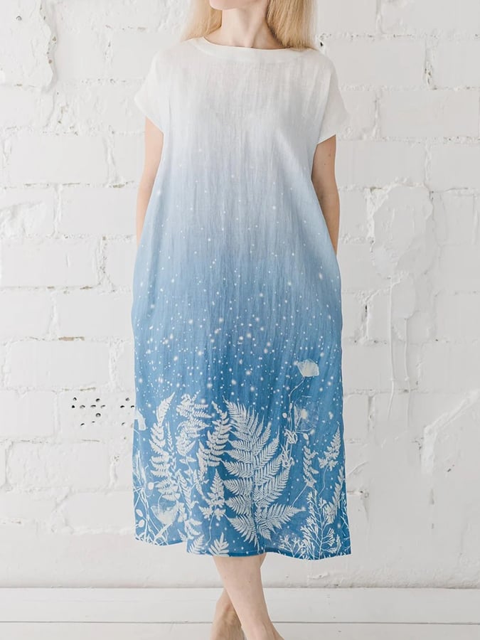 Women's Ombre Grass Print Linen Short Sleeve Dress