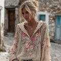 Women's Vintage Pink Floral Embroidery V-neck Linen Blend Hoodie elevenforest